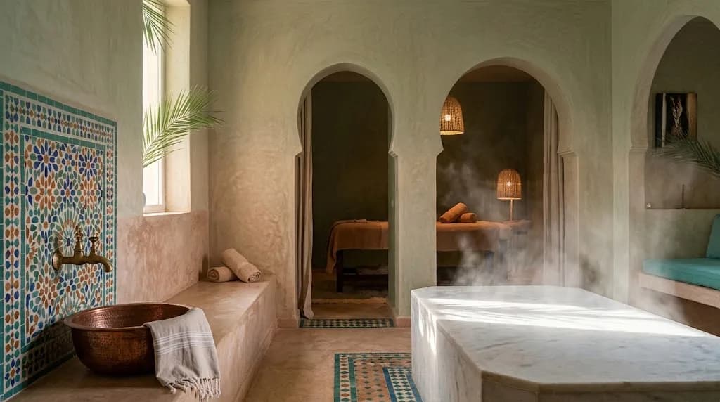 La salle du hammam : dalle de marbre chaude sous la vapeur, vasque en cuivre et fontaine en zellige